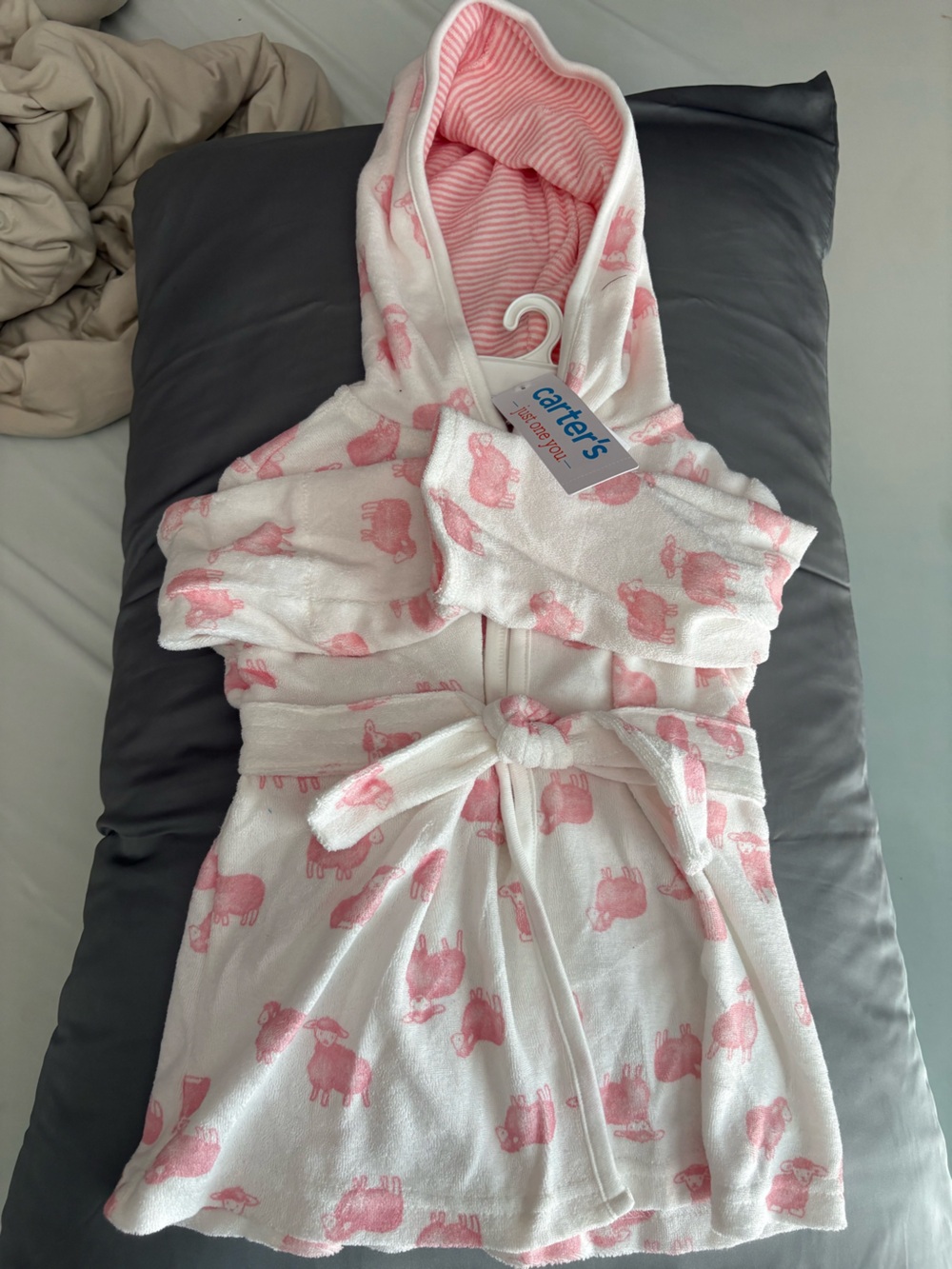 Carter's White Hooded Kids Robe with Pink Sheep Print